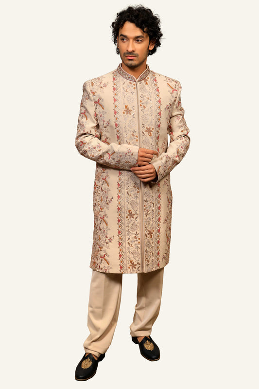 Silk Indowestern With Thread & Hand Work Cream Color