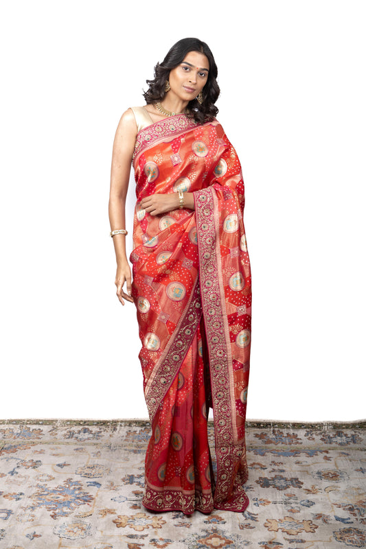 Banarasi Dolla Silk Saree with Bandhej Print  Handwork Border and Butta