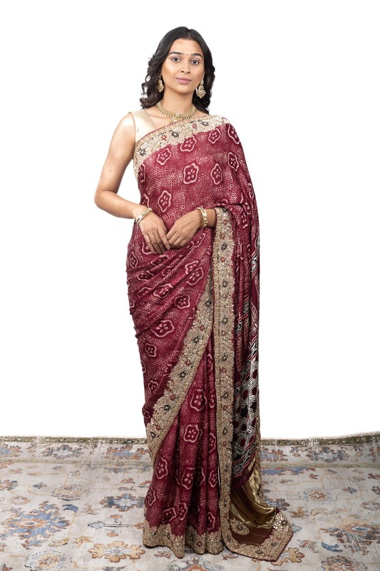Samo Satin Ajrakh Print Saree with Handwork Border