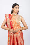 Peach With Red Munga Silk Dual Shade Hand Work Saree