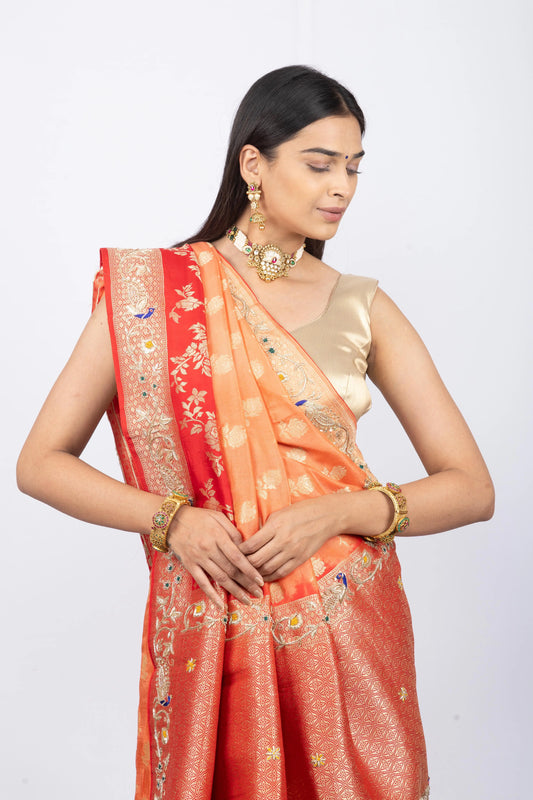 Peach With Red Munga Silk Dual Shade Hand Work Saree