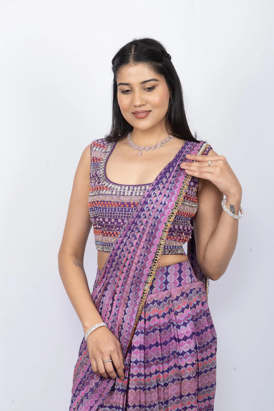 Purple Georgette Ready To Wear Heavy Blouse Saree