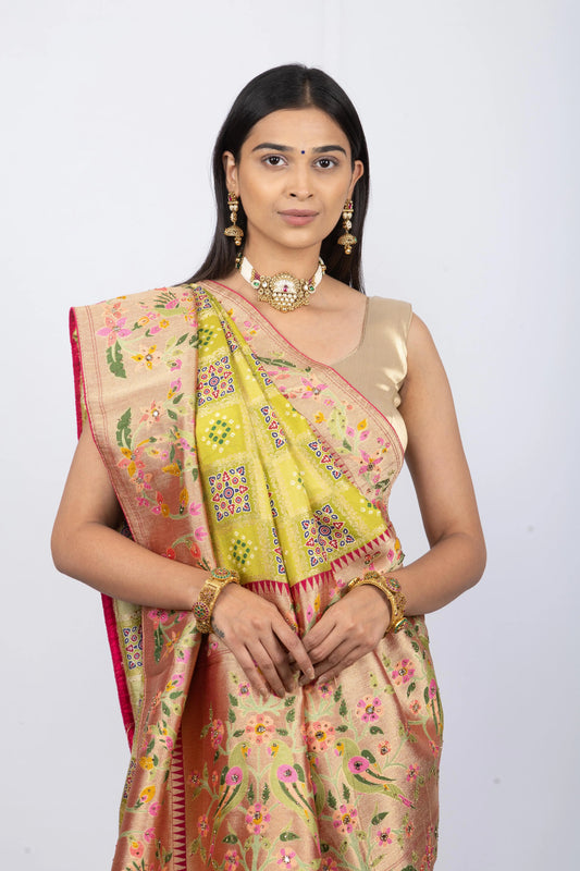 Mehendi Green Munga Silk With Banarasi Weaving & Swarovski Work Saree