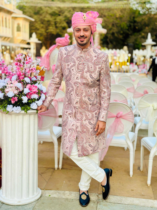 Onion Pink Silk Sherwani Set with Aari & Resham Work