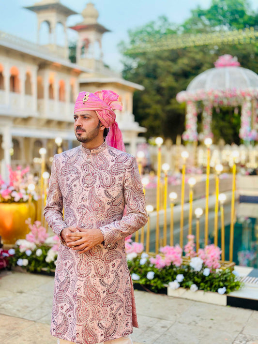 Onion Pink Silk Sherwani Set with Aari & Resham Work
