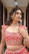 Stunning Red Leather Work Lehenga Choli with Designer Blouse