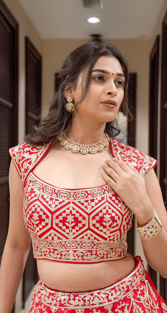 Stunning Red Leather Work Lehenga Choli with Designer Blouse
