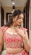 Stunning Red Leather Work Lehenga Choli with Designer Blouse