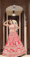 Stunning Red Leather Work Lehenga Choli with Designer Blouse