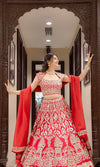 Stunning Red Leather Work Lehenga Choli with Designer Blouse