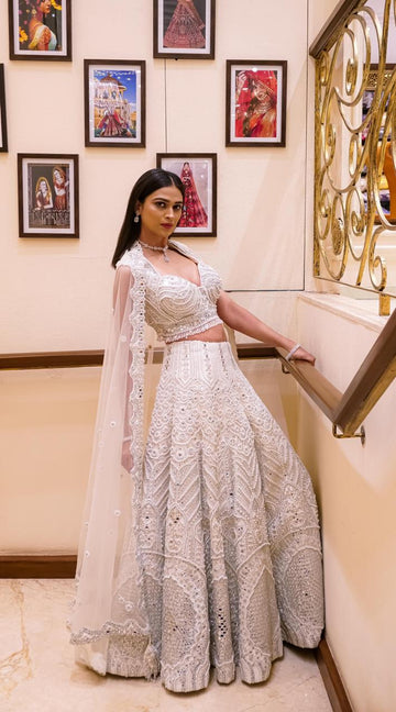 Milky White Pure Raw Silk Lehenga Choli with Mirror & Pearl Handwork