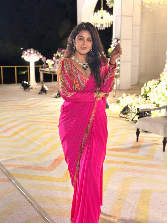 Rani Pink Lycra Ready-to-Wear Saree with Handwork Blouse