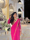 Rani Pink Lycra Ready-to-Wear Saree with Handwork Blouse